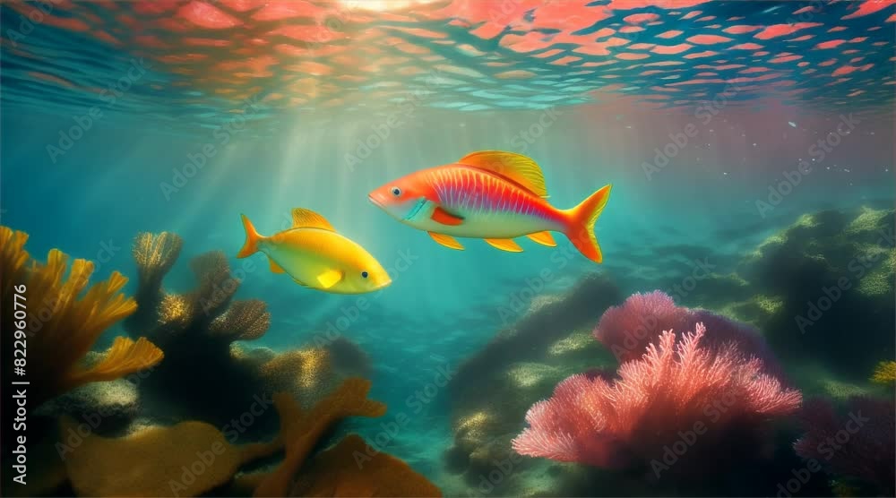 Underwater scene featuring a vibrant coral reef teeming with colorful fish in the deep blue sea Underwater scene featuring a vibrant coral reef teeming with colorful fish in the deep blue sea