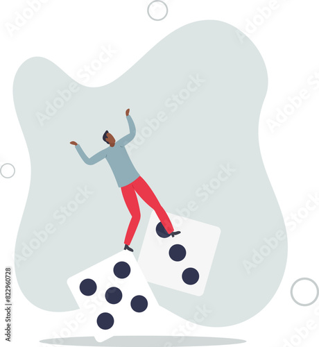 greedy investor man dare trying to balance himself on spinning unstable dice .flat vector illustration.