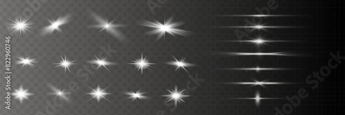 Glow isolated white transparent light effect set, lens flare, explosion, glitter, line, sun flash, spark and stars. Abstract special effect element design.