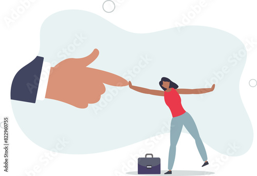 brave businesswoman fight and keep pushing against giant business hand.flat vector illustration.