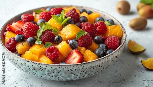 A vibrant bowl of fresh fruit salad with strawberries  blueberries  raspberries  and orange slices garnished with mint  served on a white table.