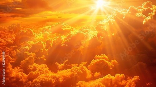 Bright yellow sunbeams radiating from a vibrant orange sky photo