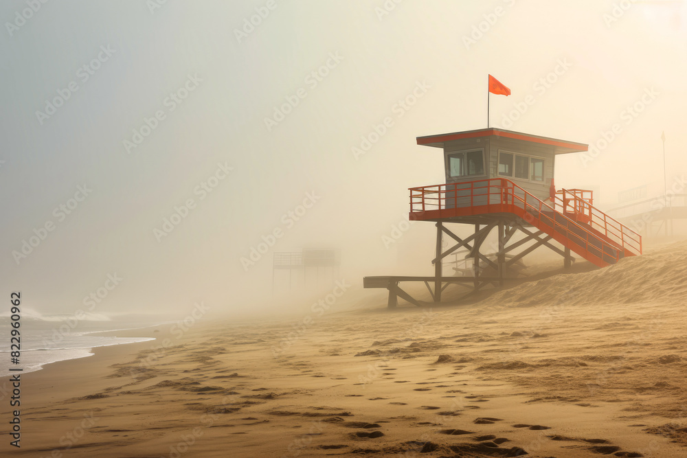 Lifeguard tower on beach with flag on top. Lifeguard tower on beach with flag on top.