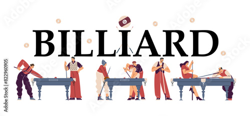 Illustration of a poster with billiard players in cartoon style.