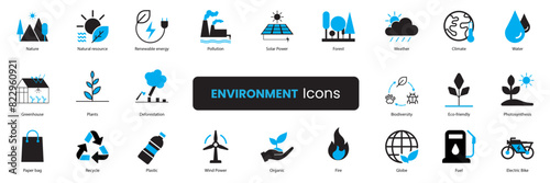 Environment Icon Set. Nature, Recycling, Climate, Weather, Natural Resources, Greenhouse, Fuel, Plastic,Fire. Duotone icons