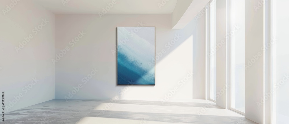 Minimalist hallway with a single piece of abstract art on the wall, white background, ample copy space Minimalist hallway with a single piece of abstract art on the wall, white background, ample copy space