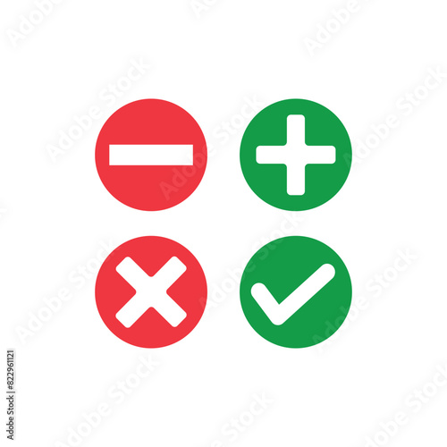 Check mark, cross, plus, minus validation button on white background. 1