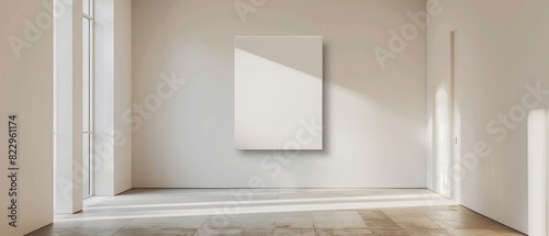 Minimalist hallway with a single piece of abstract art on the wall  white background  ample copy space