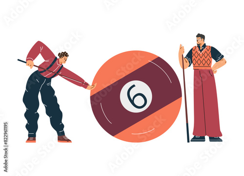 Vector illustration with players participating in a billiards competition, hitting a huge ball with cues