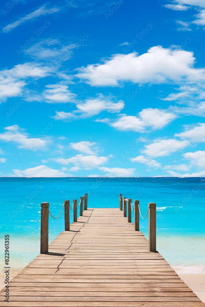 Wooden dock extending into the ocean with blue sky and clouds.