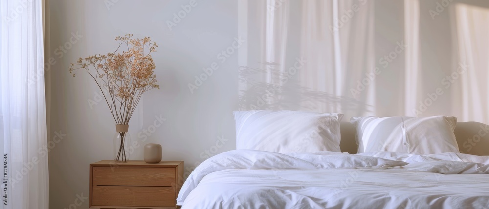 Minimalist white bedroom with a single bed and a small nightstand, clean and serene, easy on the eyes