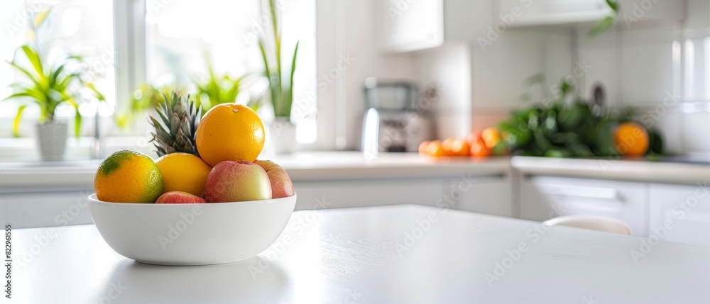 Minimalist white kitchen with a single bowl of fruit on the counter, clean and modern design, bright natural light Minimalist white kitchen with a single bowl of fruit on the counter, clean and modern design, bright natural light