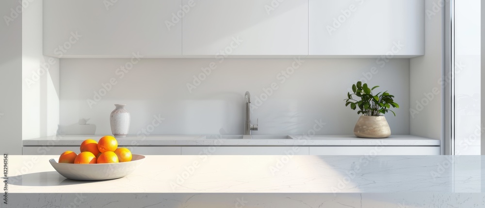Minimalist white kitchen with a single bowl of fruit on the counter, clean and modern design, bright natural light Minimalist white kitchen with a single bowl of fruit on the counter, clean and modern design, bright natural light