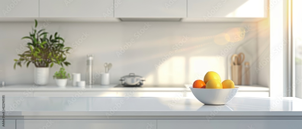 Minimalist white kitchen with a single bowl of fruit on the counter, clean and modern design, bright natural light Minimalist white kitchen with a single bowl of fruit on the counter, clean and modern design, bright natural light