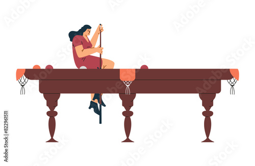 Vector image of a female player with a cue on a huge table.