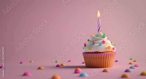 Birthday Cupcake with Candle on Pastel Background