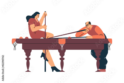 Billiards game competition vector flat illustration, couple players near the pool table with cue aiming at billiard ball