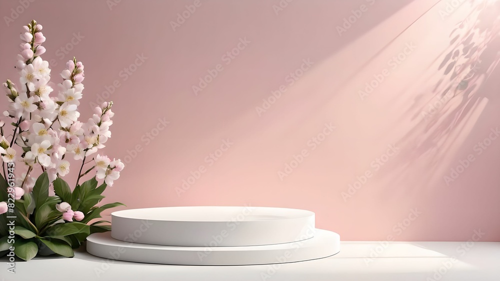 Background podium 3D pink with roses. 3D podium, stand background, stage, stage rendering minimal design. Background podium 3D pink with roses. 3D podium, stand background, stage, stage rendering minimal design.