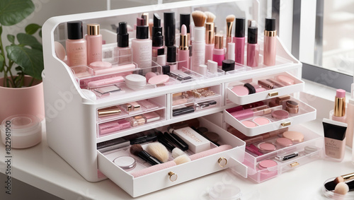 The image is of a makeup organizer with makeup products in it.

