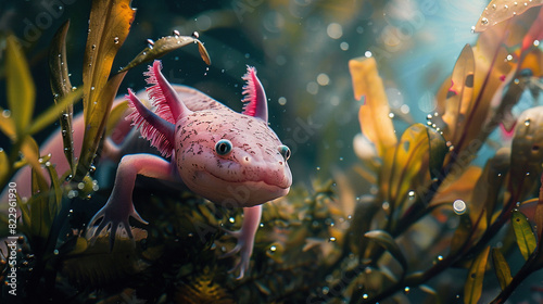 wild life photography. close up photo of a pink axolotl underwater