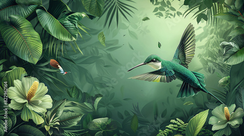 Artistic wall decoration depicting a paradise garden with tropical leaves and an exotic bird, rendered in a modern style photo