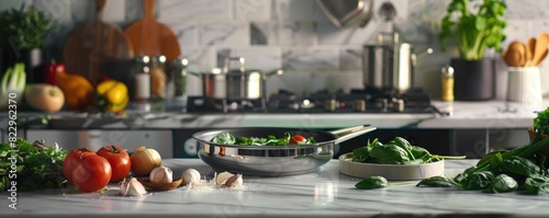home kitchen scene with an array of fresh ingredients and cookware on the countertop © Milan