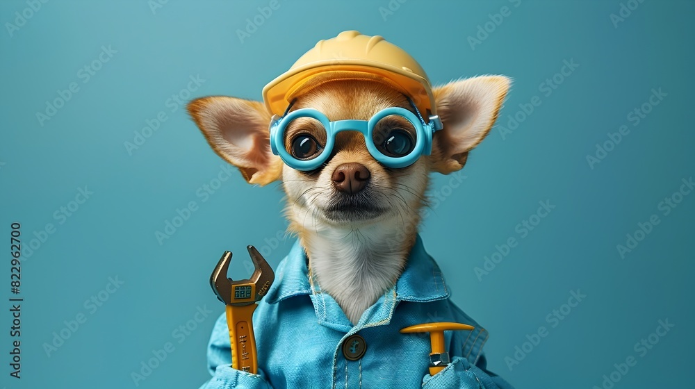 Fototapeta premium Chihuahua Plumber in Blue Outfit Holding Repair Tools on Plain Background