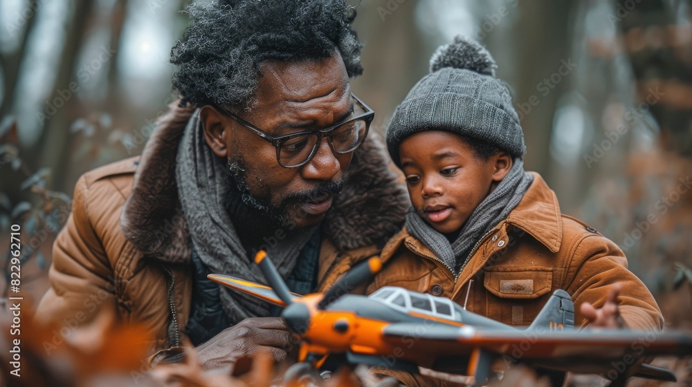 A father and son building a model airplane together A father and son building a model airplane together