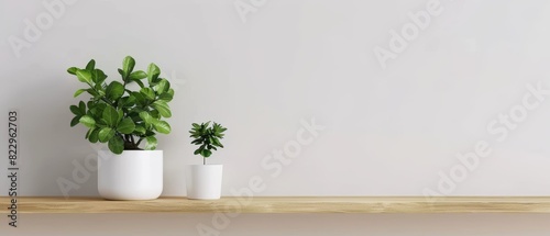 Single green plant in a white pot on a wooden shelf, minimalist decor, simple and soothing, easy on the eyes