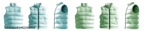 2 Set of pastel green turquoise Down puffer padded quilted warmth parka vest, front back side view on transparent cutout PNG file. Mockup template for artwork design