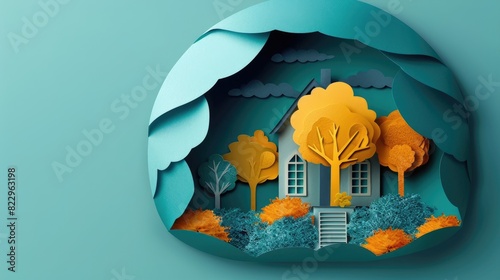 A colorful paper art scene of a house surrounded by trees and bushes, set against a blue backdrop, creating a whimsical and imaginative portrayal of a cozy, peaceful home