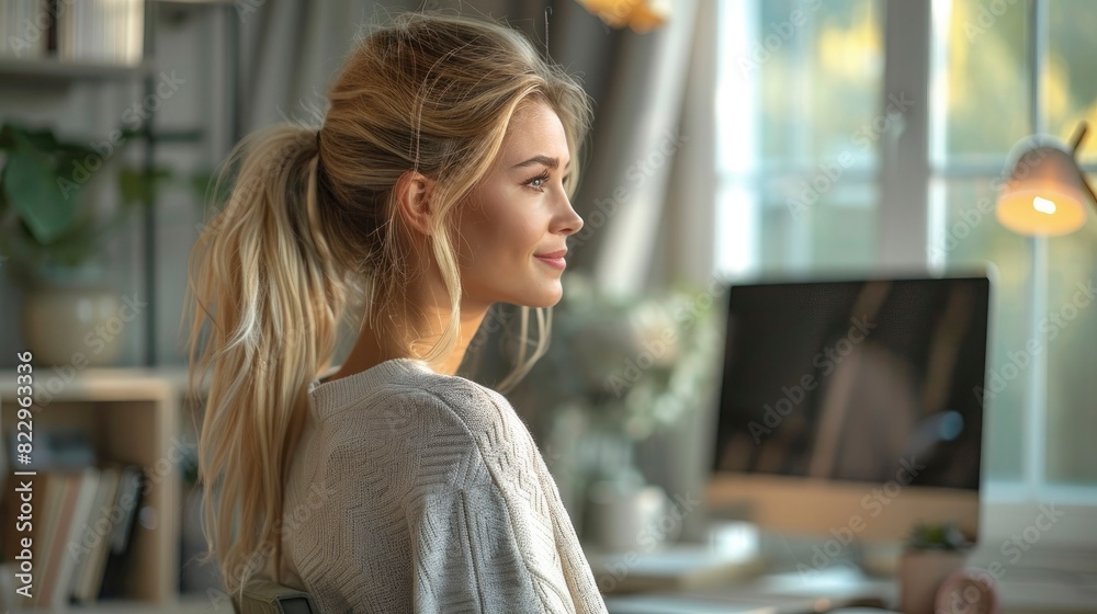 A woman organizing her home office with stylish decor A woman organizing her home office with stylish decor