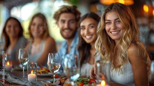 A group of friends sharing a meal at a trendy restaurant
