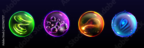 Crystal magic orb. Light glow energy sphere icon. Fantasy circle with fire power. 3d round magician fortune teller isolated witchcraft bubble collection. Mystery green, purple and blue neon element