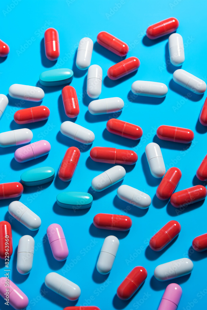 Blue table with many pills scattered on it and one red and one blue. Blue table with many pills scattered on it and one red and one blue.