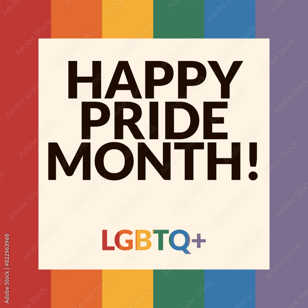 Fototapeta premium Happy pride month card. LGBTQ+. Poster with rainbow background. Retro colors. Vector illustration.