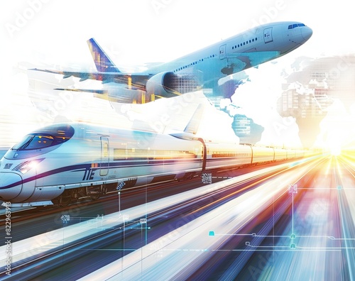 High-speed train and plane in motion on the background of the world map. The concept of fast modern transport.