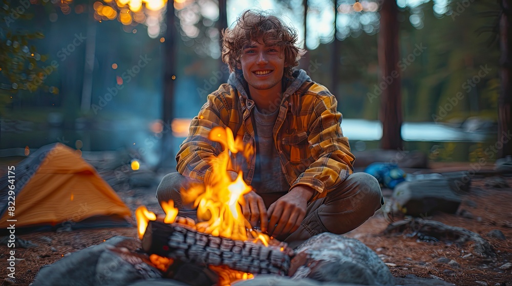A man building a campfire in a forest campsite A man building a campfire in a forest campsite