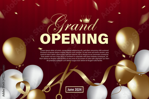 Grand Opening banner with ribbon scissors elements, balloons and dark red background.