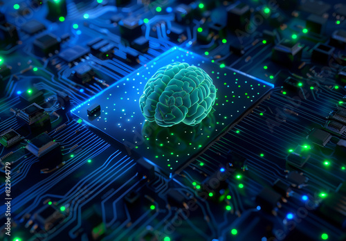 blue brain on circuit board chip with green neon light, background is clean and minimalistic