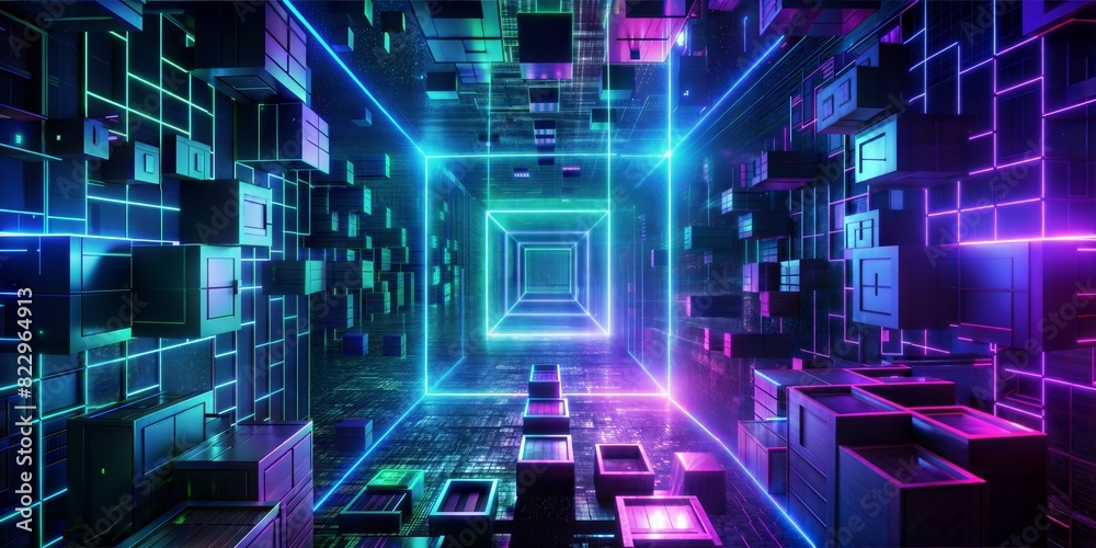he image is dark and has an abstract, futuristic feel. It features brightly illuminated geometric shapes, primarily squares and rectangles. The shapes are interconnected to form a complex network he image is dark and has an abstract, futuristic feel. It features brightly illuminated geometric shapes, primarily squares and rectangles. The shapes are interconnected to form a complex network