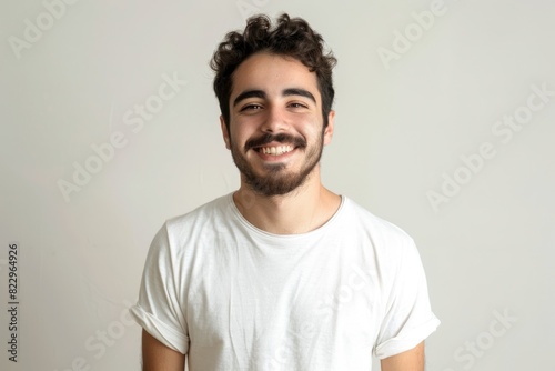 Man In Tee Shirt. Young Hispanic Man with a Cool Smile, Portrait on Isolated White Background