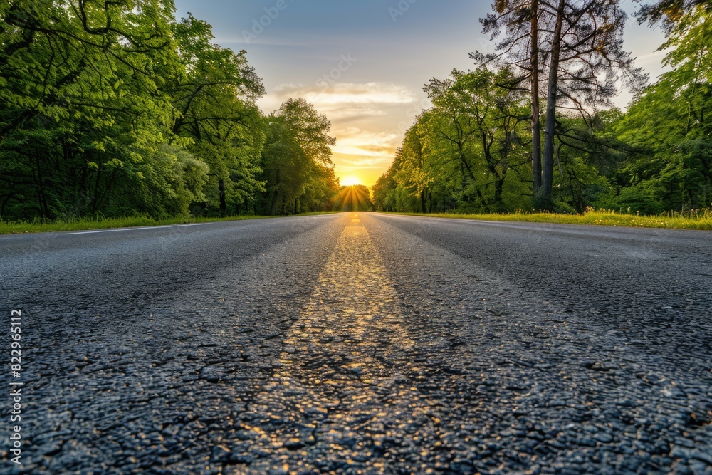 Spring Road. Empty Asphalt Highway Across Green Woods at Sunset Spring Road. Empty Asphalt Highway Across Green Woods at Sunset