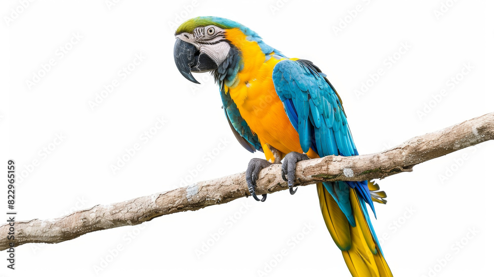 Blue and yellow macaw parrot perched on a branch with an isolated white background and clipping path. Full depth of field, high resolution photography provides high quality