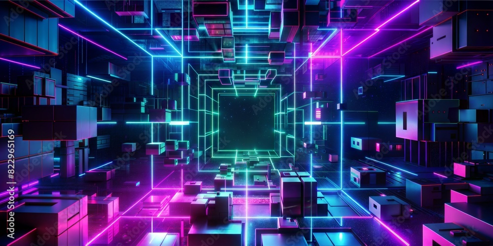 he image is dark and has an abstract, futuristic feel. It features brightly illuminated geometric shapes, primarily squares and rectangles. The shapes are interconnected to form a complex network he image is dark and has an abstract, futuristic feel. It features brightly illuminated geometric shapes, primarily squares and rectangles. The shapes are interconnected to form a complex network