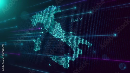 Abstract Futuristic Motion View Blue Violet Shiny Perspective Square Hud Particles Mosaic Grid And Text Of Faint Administrative Italy Map With Dotted Lines Light Flare, Seamless Loop