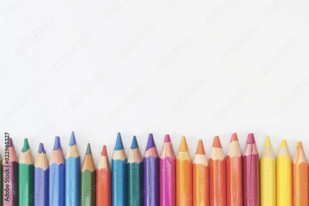 Colored Pencils On White Background. Row of Crayons in Colorful Arrangement, Copy Space on Top Colored Pencils On White Background. Row of Crayons in Colorful Arrangement, Copy Space on Top