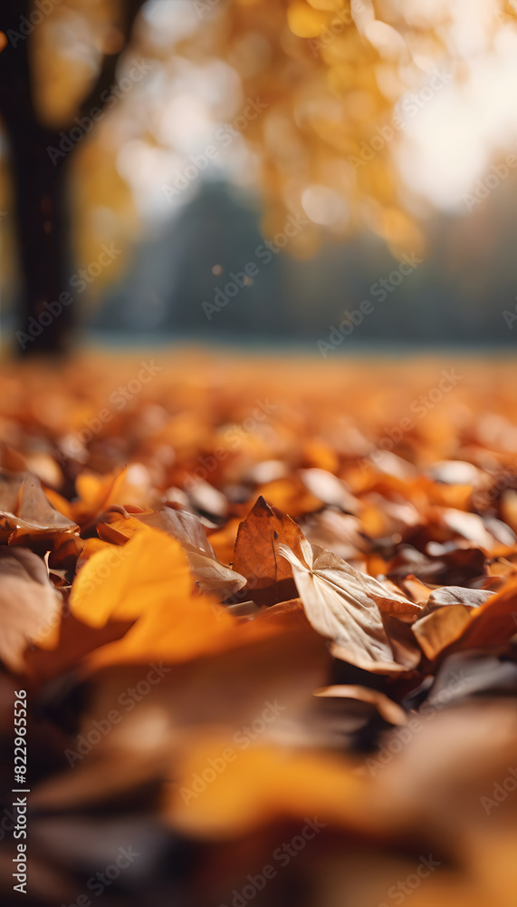Close-up of fallen autumn leaves on the ground with a blurred background of trees. Close-up of fallen autumn leaves on the ground with a blurred background of trees.