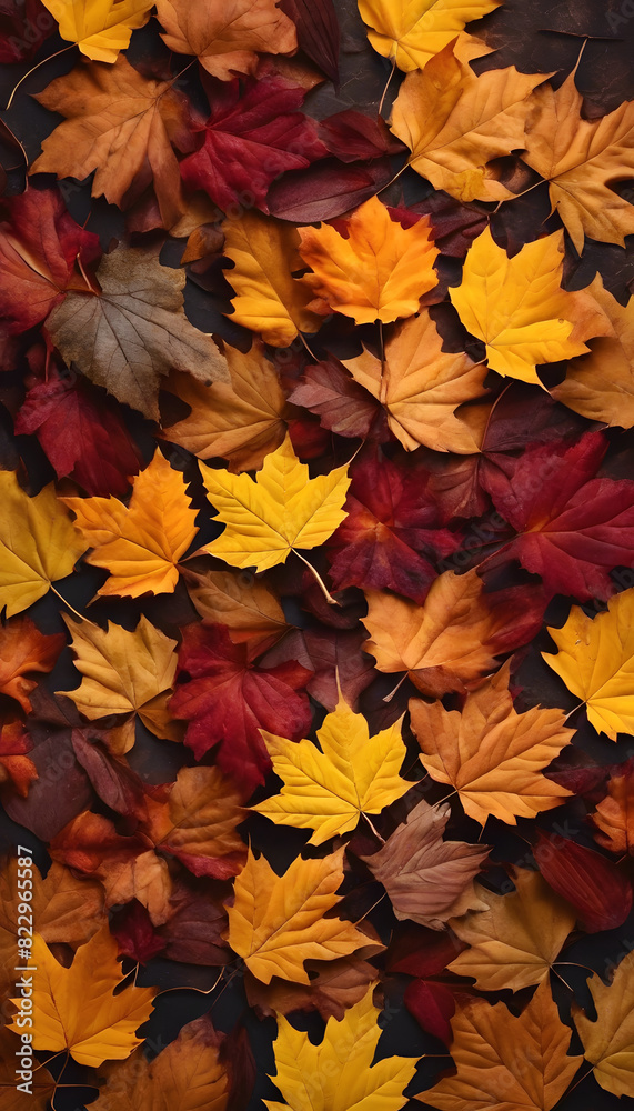 A collection of colorful autumn leaves in shades of yellow, red, and orange scattered on a dark surface. A collection of colorful autumn leaves in shades of yellow, red, and orange scattered on a dark surface.