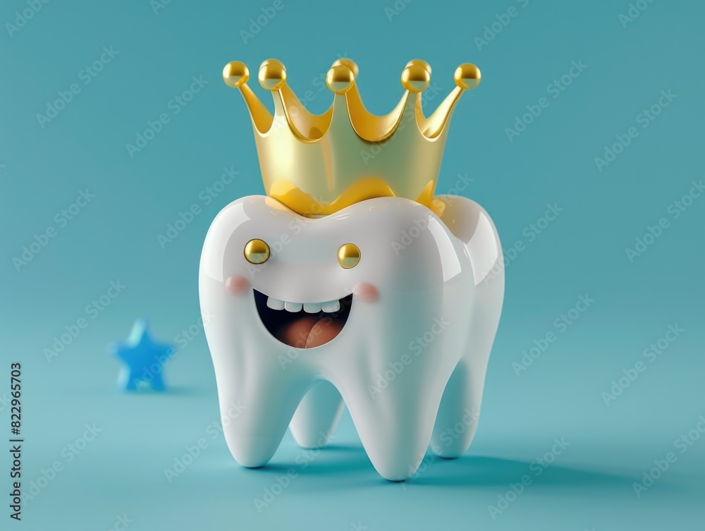 A cartoon tooth with a crown on top of it. The tooth is smiling and he is happy A cartoon tooth with a crown on top of it. The tooth is smiling and he is happy